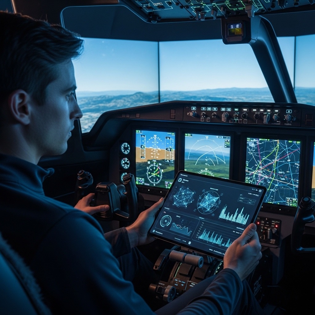 Pilot seated in cockpit monitoring flight on a tablet displaying performance dashboards while multiple screens and controls glow in blue cockpit lighting