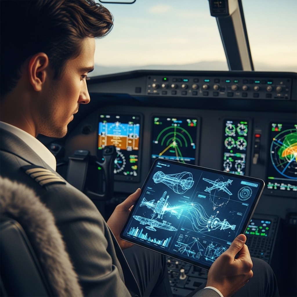 Pilot in cockpit examining a tablet displaying blueprints and aircraft diagrams while flight instruments glow in the background