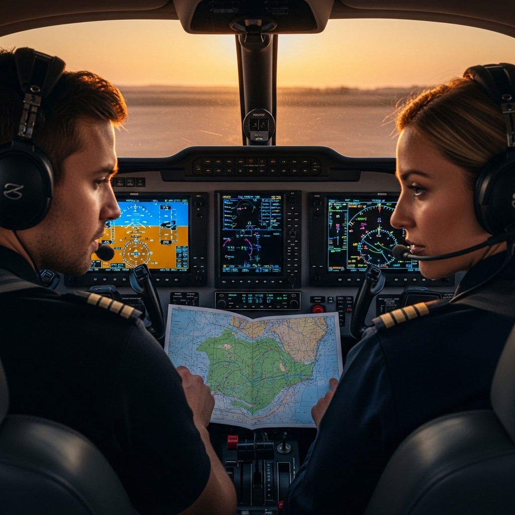 Pilot and co-pilot in a modern cockpit studying a printed navigation map as sunset lights the cabin behind them.