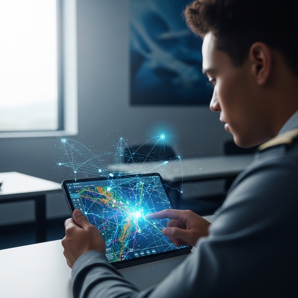 Person in a uniform uses a tablet displaying a glowing global network map with connected lines and nodes.